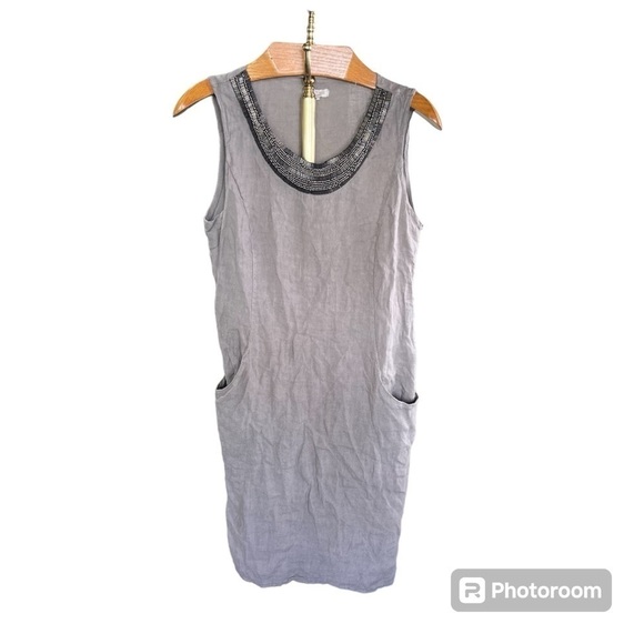 Lina Tomei Dresses & Skirts - LINA TOMEI ~ Grey Linen Dress With Metallic Neckline Beading and Cotton Panels
